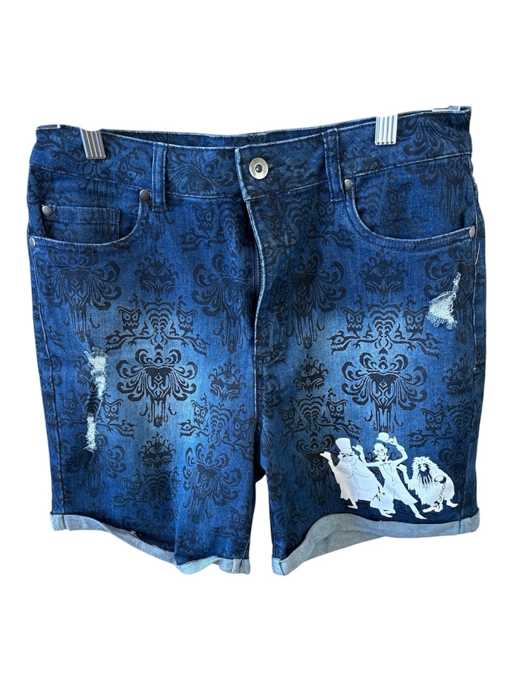 Disney Blue Patterned Denim Shorts with Hitchhiking Ghost Print - Women